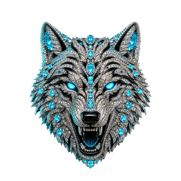La tête de loup sertie de diamants aux yeux cyan.